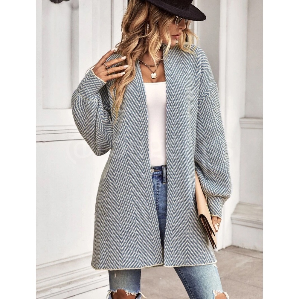 Knit Chevron Open Cardigan Bishop Sleeves Hip Length Dusty Blue on Off White
